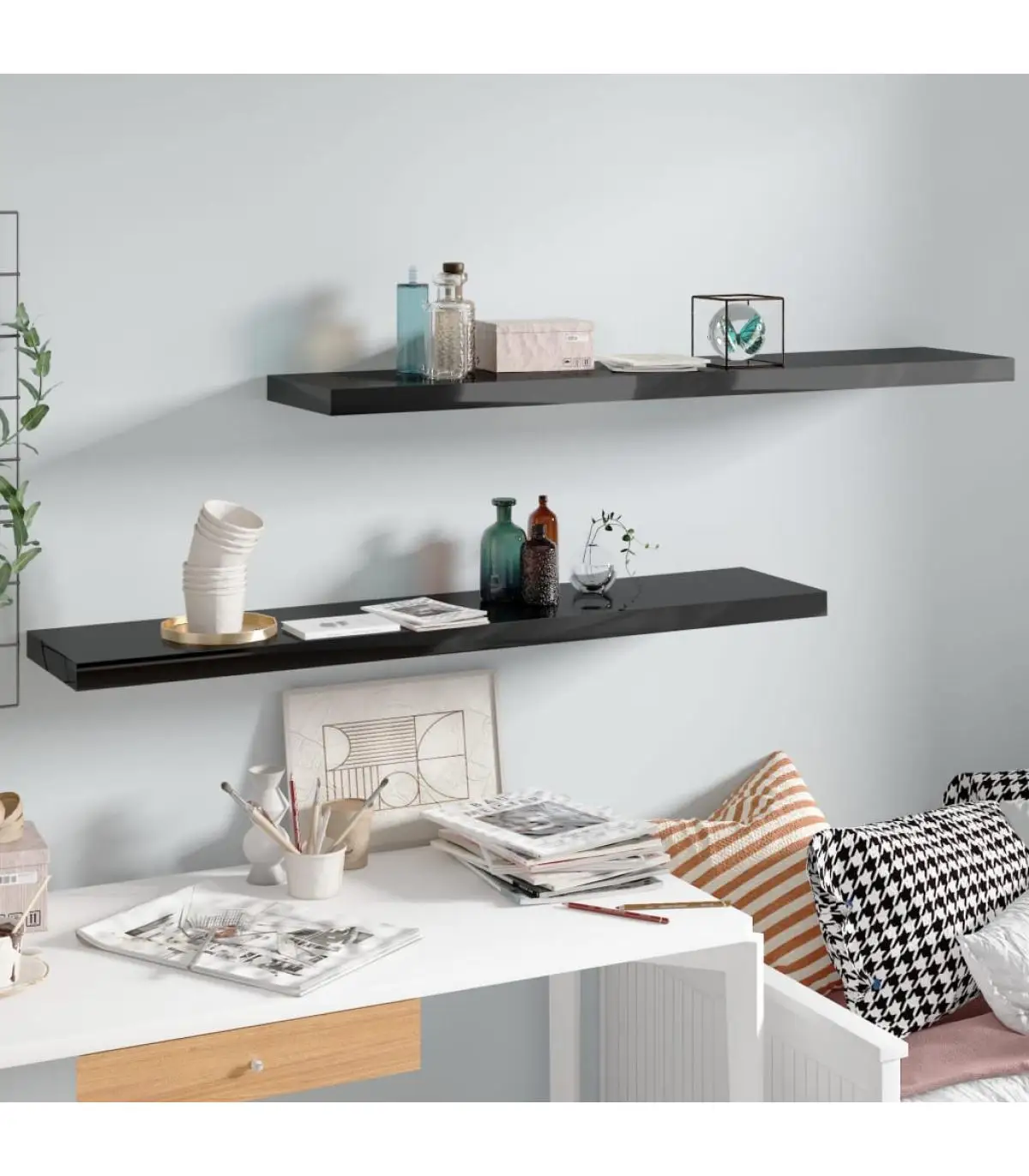 2 Pcts Black Shine MDF 120x23,5x3,8 cm Floating Shelves and Shelves Wall