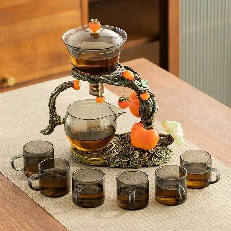 Persimmon and Ruyi Glass Automatic Tea Set for Home Use Kung Fu Teacup Magnetic Teapot Lazy Tea Maker