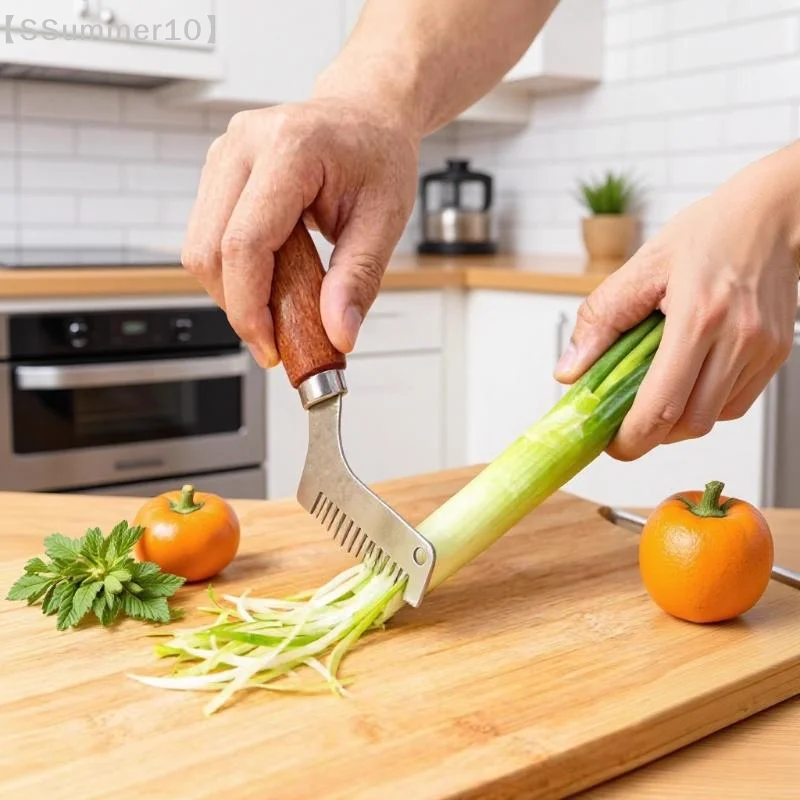 【SSummer10】Professional Green Onion Scallion Slicer Cutter - Curved Stainless Steel Blades Wooden Handle Kitchen Tool【SS】