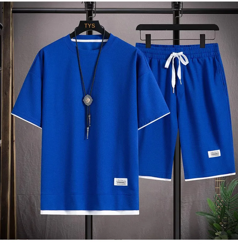 2024 new Summer Men's Waffle Sets Casual T-Shirt And Shorts Set Male Sports Suit Solid Color Tracksuit Loose Suits Size 3XL