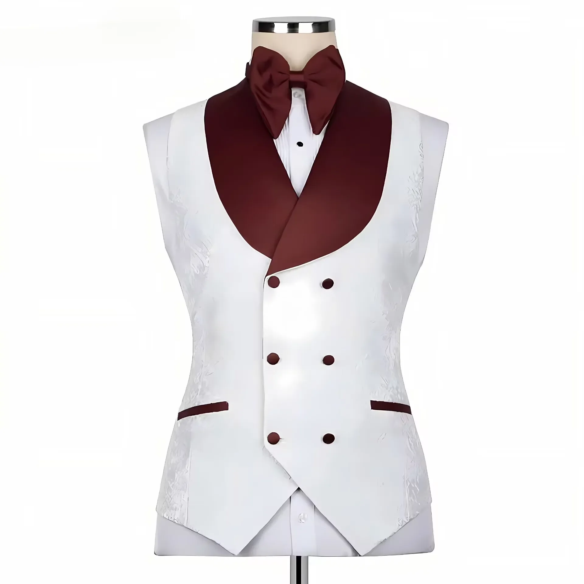 White Jacquard Formal Men Suits red Collar Three Pieces Evening Party Blazer Groom Wear ( Jacket+Vest+Pants )
