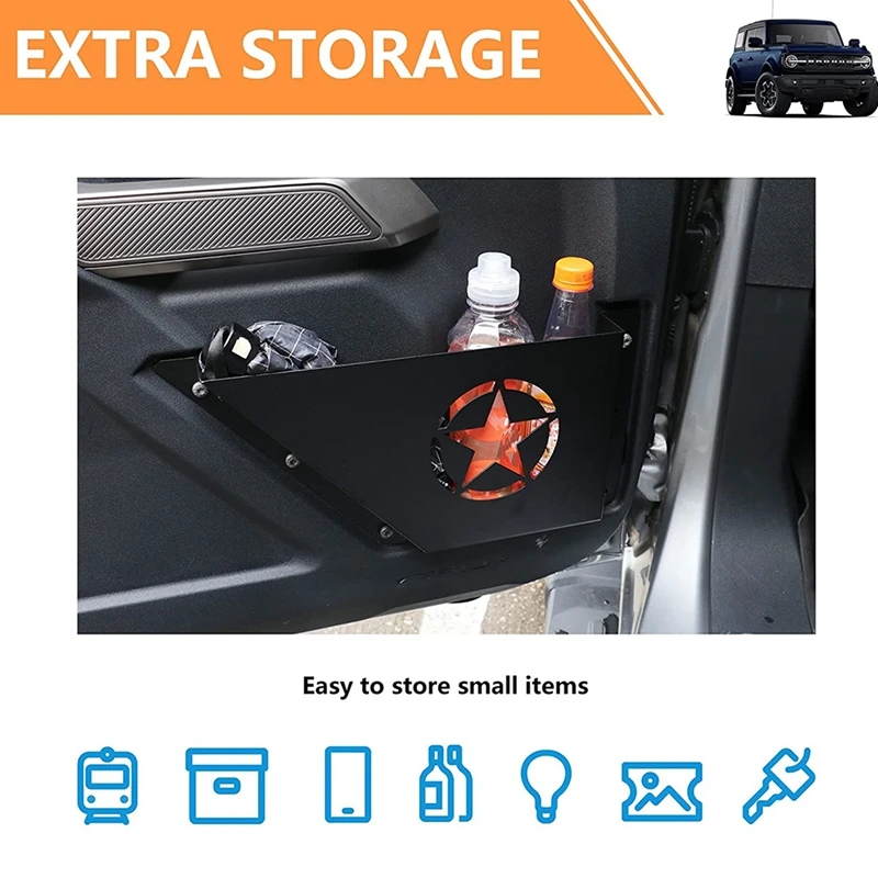 Front Door Storage Pockets For Ford Bronco 2021 2022 Accessories Side Door Organizer Box, Aluminum Alloy, Star