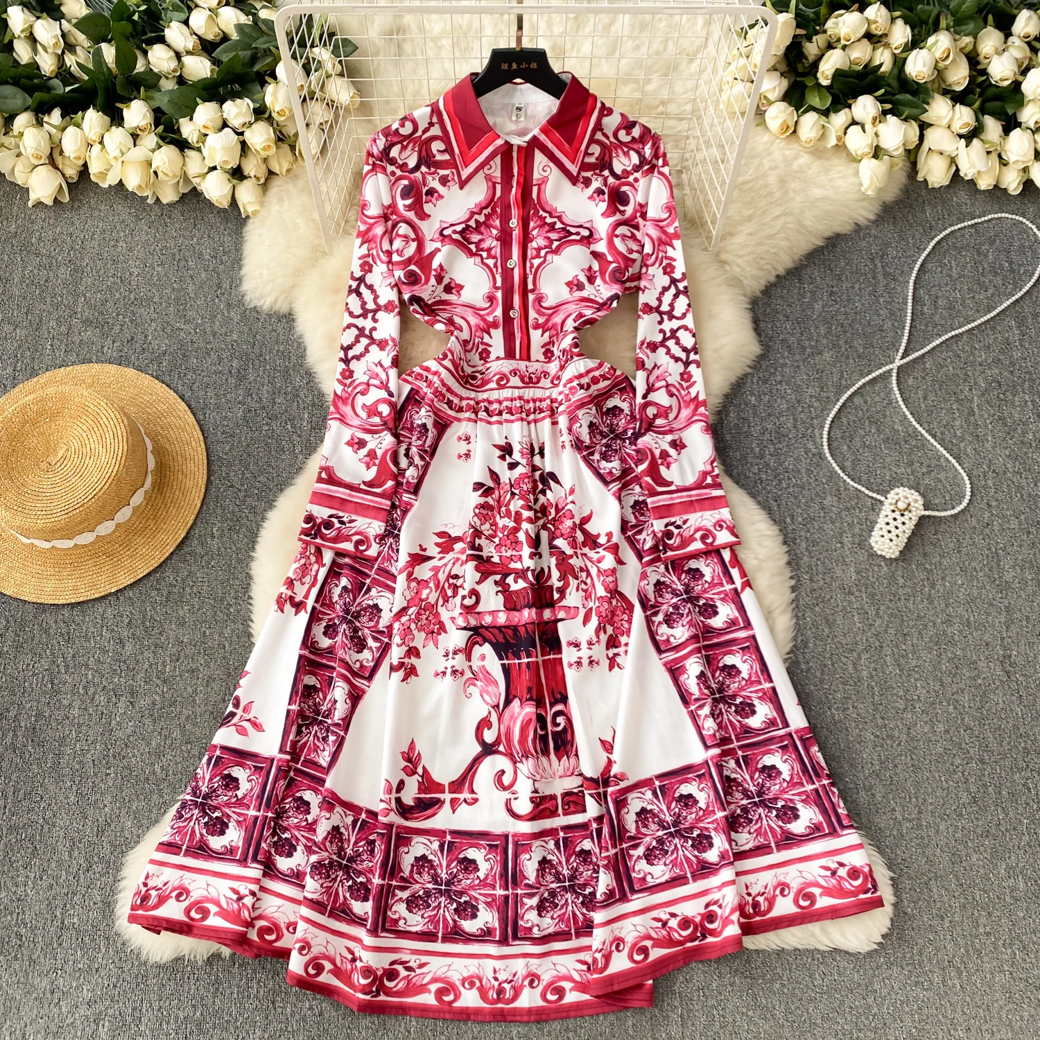 

Chic Print Elegant Lapel Long Sleeve Dress A-line Casual Vacation Party Dress Women Fashion Autumn Spring Vestidos