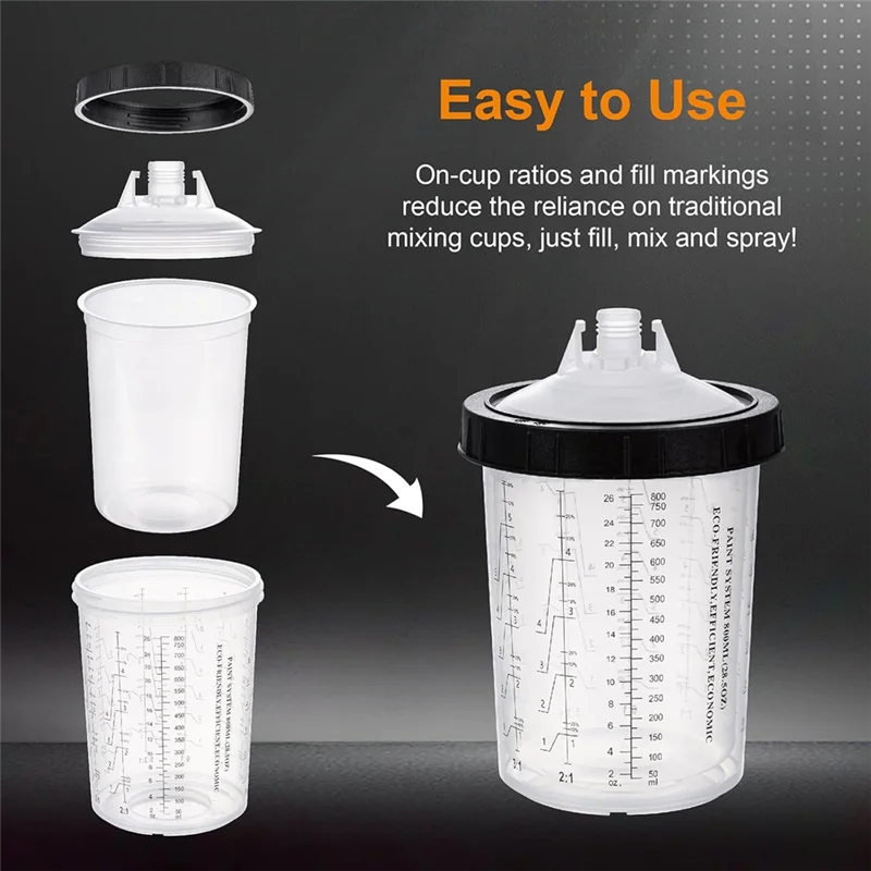 M11K-Farbbecher-System für HVLP und LVLP, 28-Unzen (800 ml) Farbbecher-Set inklusive 50 Bechern, Deckel, 1 harter Haltering, 20 Stecker