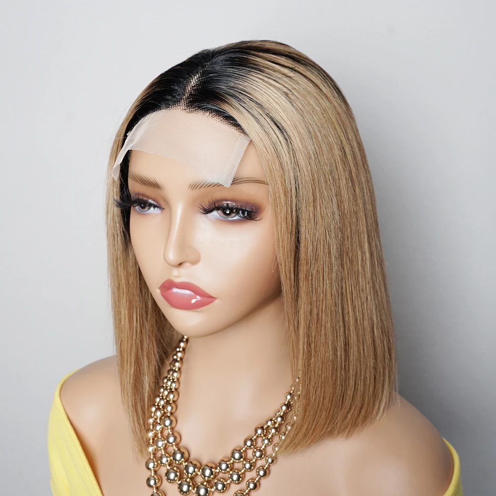 KissHair-Perruque Bob colorée, Perruques Bob courtes en dentelle, Cheveux humains, Ombre, Blond miel avec racines foncées, Partie médiane, 10 à 16 ans, T1B27, 4x1