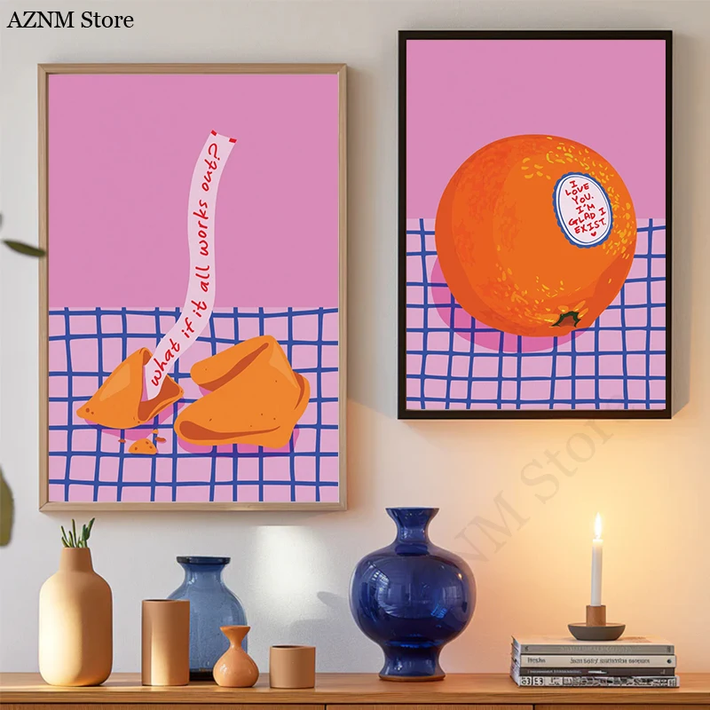 Affiche en toile rose et bleue, « Que se passerait si tout allait bien ? », illustration de biscuit de la fortune, art, affirmation de motivation tendance, décoration murale