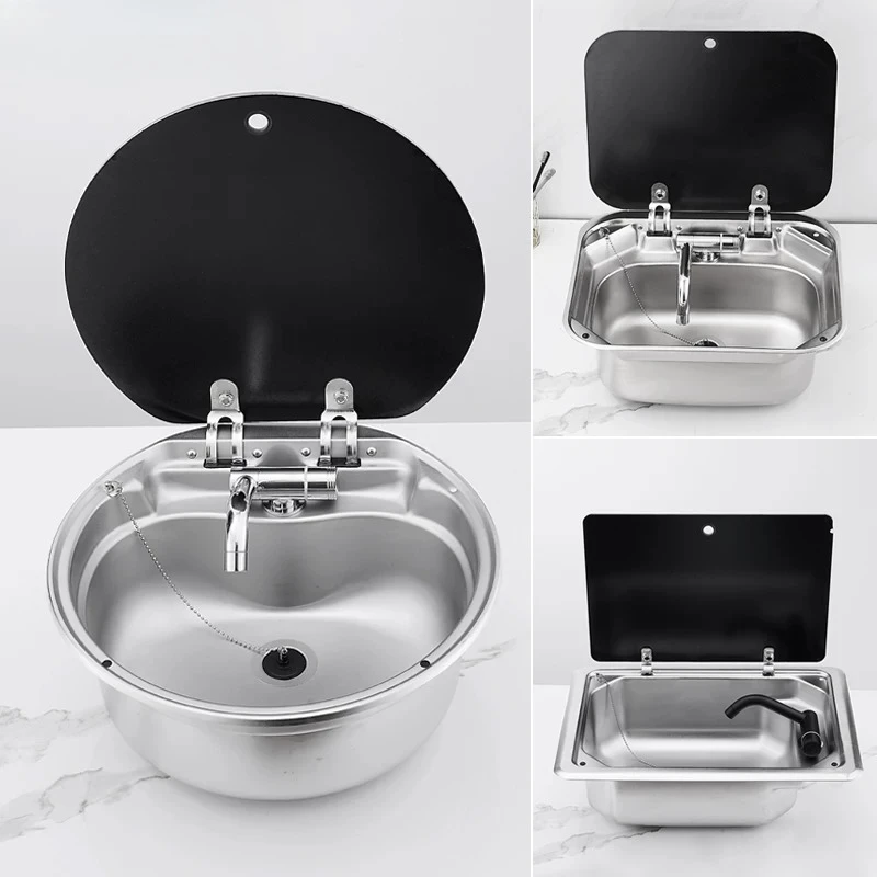 RV Sink Covered Kitchen Washbasin Vegetable Basin Folding Flip Single Slot Stainless Steel Square Pool