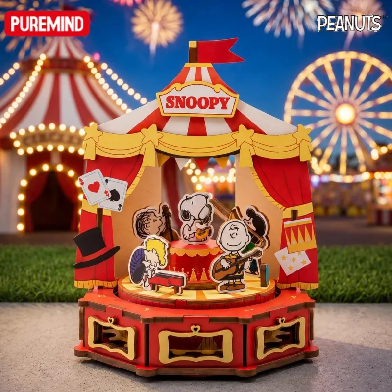 PUREMIND Snoopy Wooden Building Block Series Carousel Ferris Wheel Pirate Circus Assembled Model Toys Ornaments Gifts