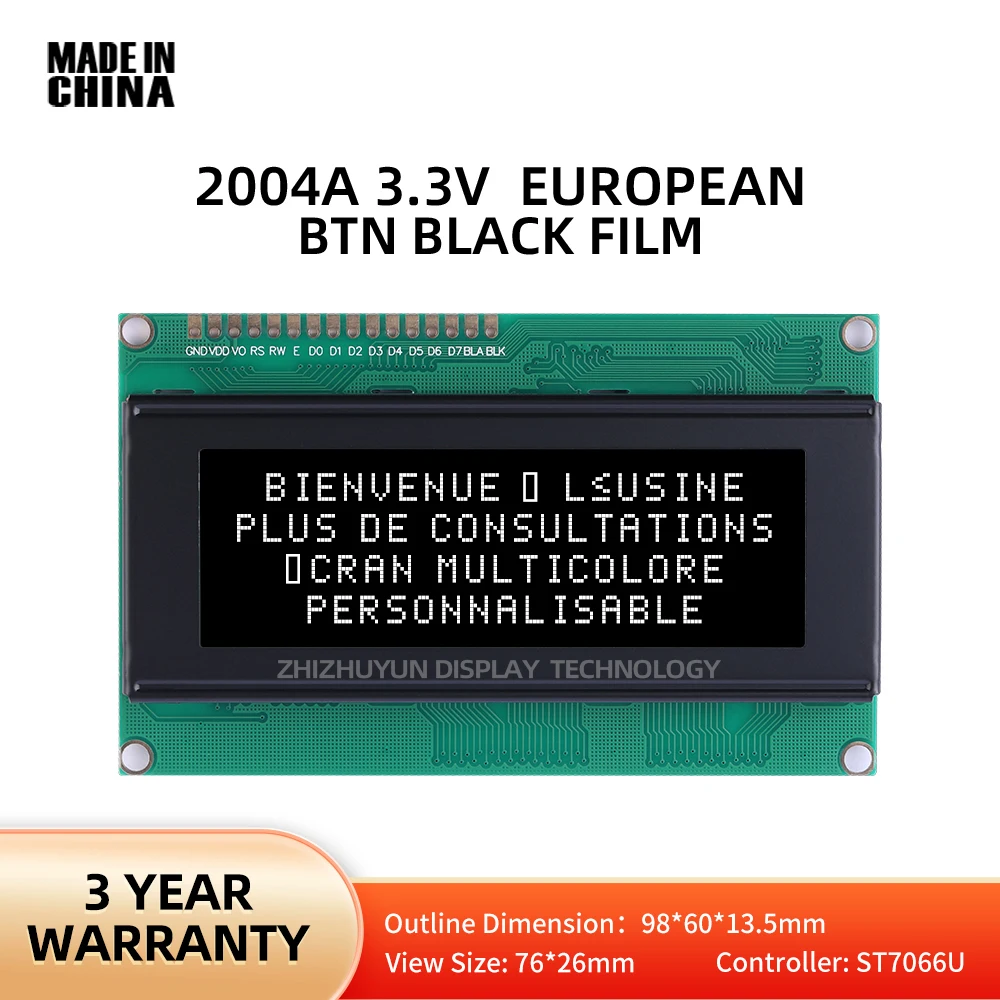 Support Custom Language 2004A 3.3V European Character LCD Module BTN Black Film White Text 98 * 60Mm LCM Screen 3-Inch