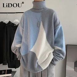 Autumn Winter New Patchwork Harajuku Oversized Knitted Sweater Man Ropa Hombre Turtleneck Casual Loose Pullover Tops Streetwear