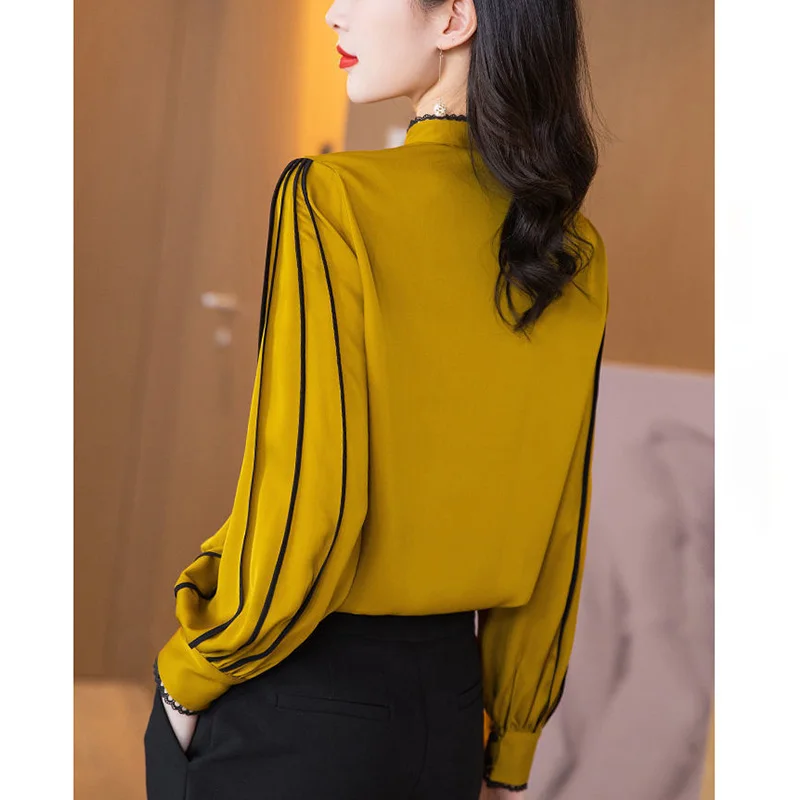 Fashion Stand Collar Button Spliced Folds Ruffles Blouse Women Clothing 2023 Autumn New Casual Pullovers Loose Office Lady Shirt