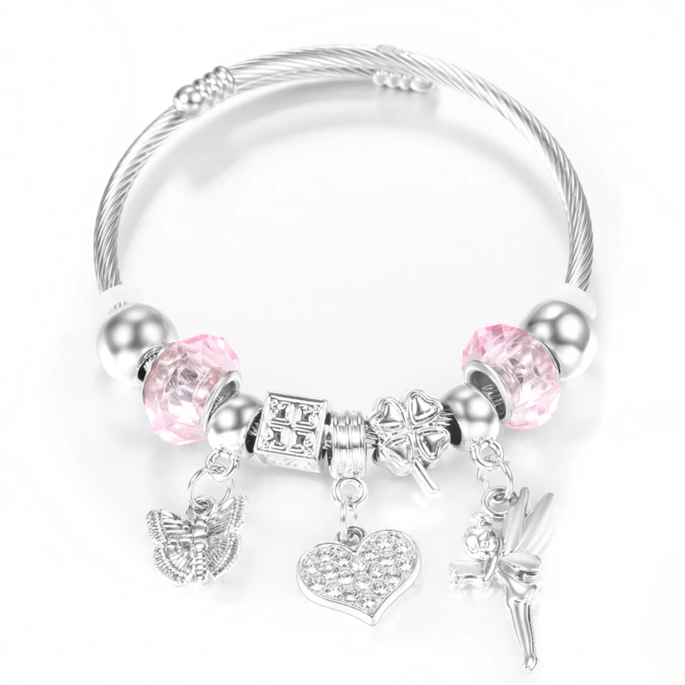 Neue Strass herzförmige Anhänger Edelstahl Perlen Armband 4 Farben hochwertige Verschluss Armreifen Frauen Armband Schmuck