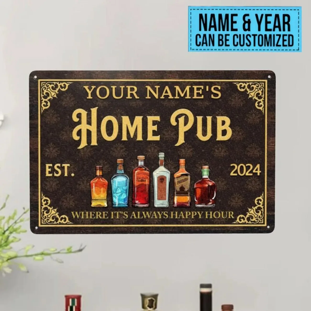 1 unidad de letrero de pub personalizado con nombre personalizado EST. Arte de pared de cueva de Iron Man resistente a la intemperie con diseño de whisky Bourbon de Bar Retro