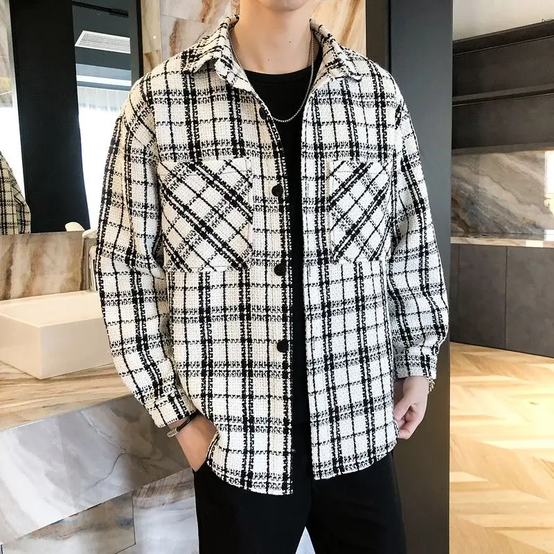 Bla الأبيض منقوشة الرجال الربيع Jaet Little Fraance Sle معطف الصوف زوجين ملابس خارجية عادية فضفاضة تناسب طويلة Sve #2