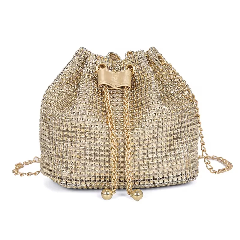 Women Fashion Diamonds Rhinestone Bucket Bags Retro Pearl Chain Ladies Shoulder Bags Shiny Small Crossbody Bags Female Handbags