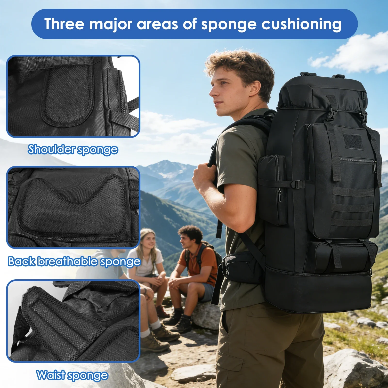 100L Erweiterbarer Wasserdichter Wanderrucksack Großer Outdoor-Sport-Reise-Tagesrucksack Taktischer Rucksack für Männer und Frauen – Detail 1