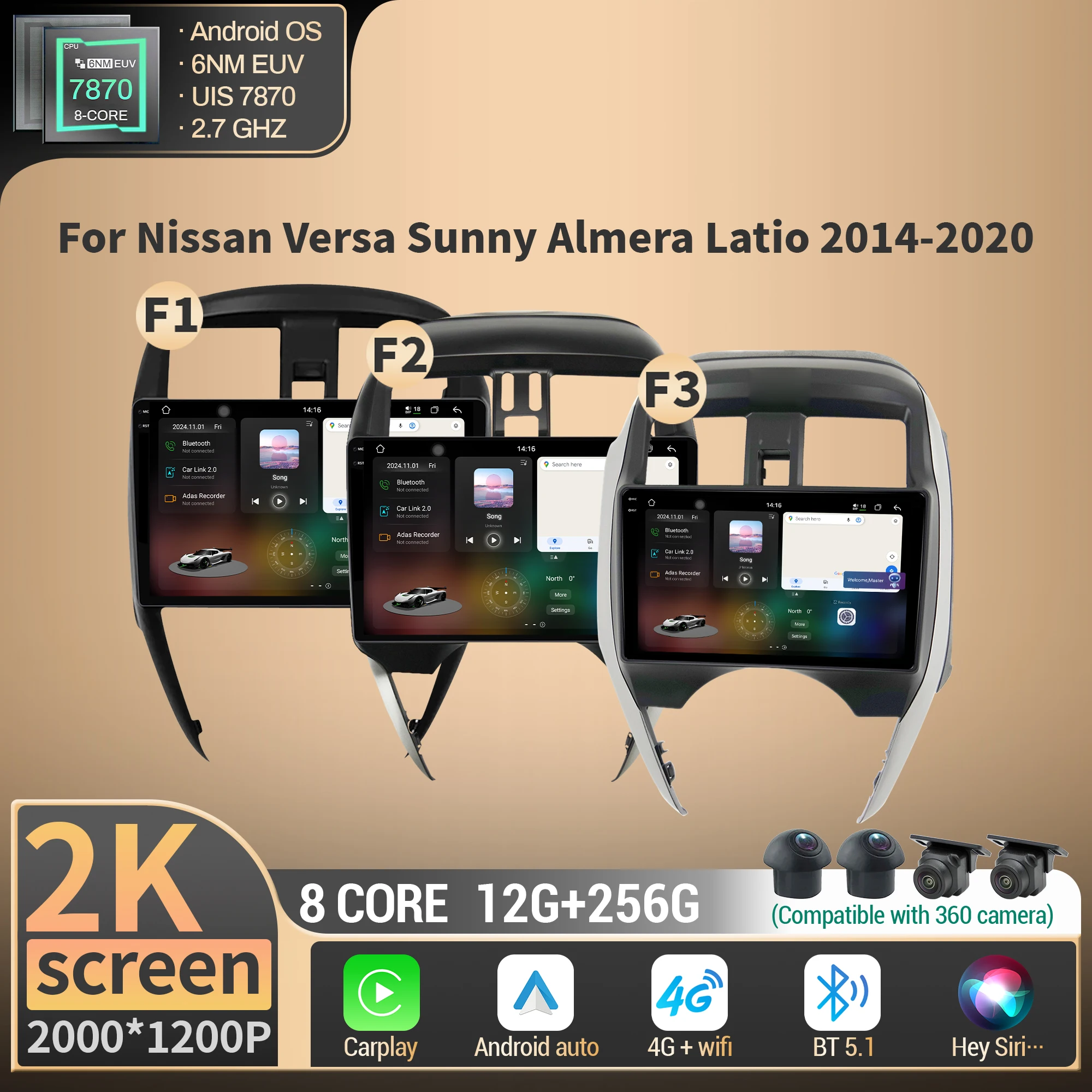 For Nissan Versa Sunny Almera Latio 2014-2020 Car Radio Multimedia Wireless BT CarPlay Android 4G GPS CPU 7870 2K QLED Screen