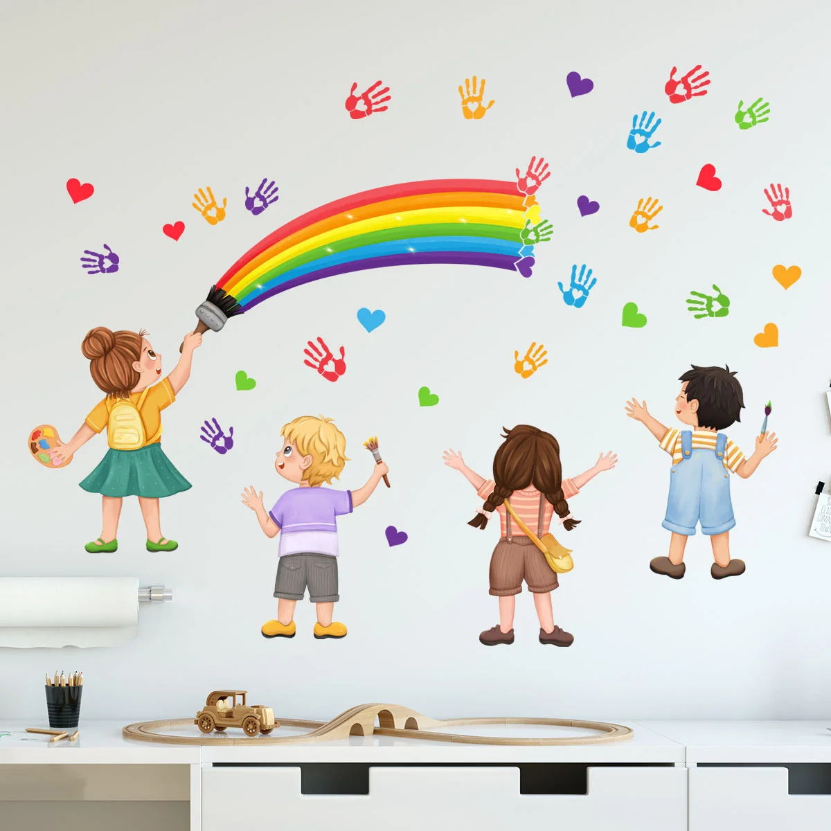 1Pc cartoon rainbow classroom decoration sticker, bedroom background wall decoration self-adhesive wall sticker