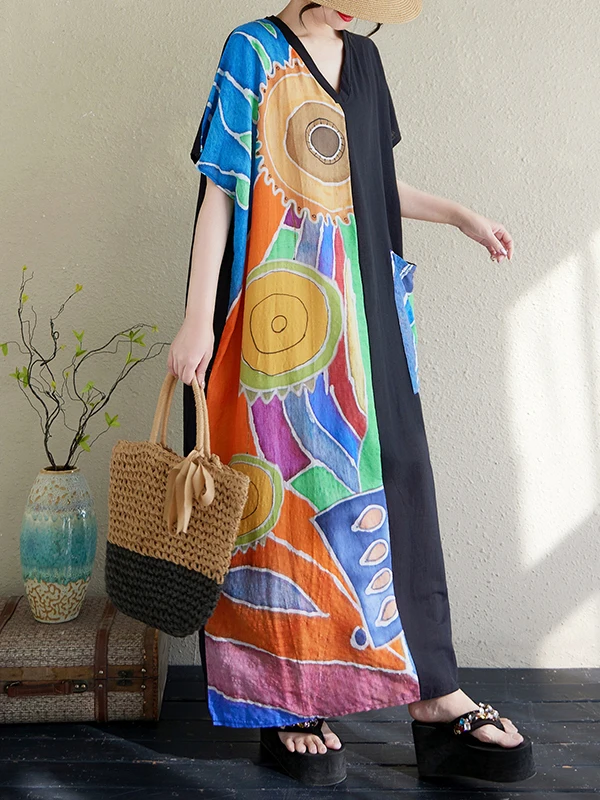 Plus Size Cotone Lino V-Ne Summer Dr Dimagrante ort Sve Ultra Long Sle Donna Faion Retro Stampa Vita alta Dr