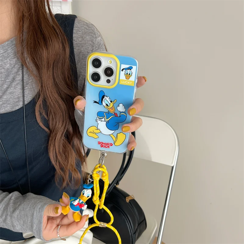 Disney süße Donald Duck lustige Cartoon weiche Silikon Handyhülle für iPhone 15 14 13 12 Pro Max Donald Duck Puppe Lanyard Anti-Drop