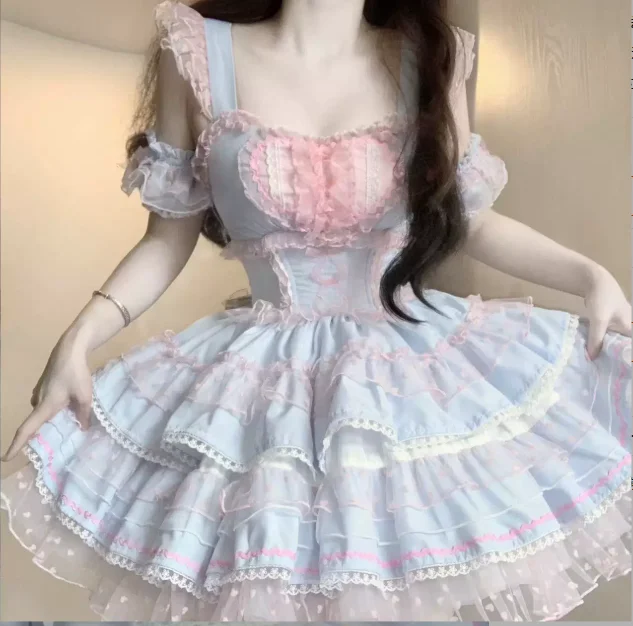 Summer Elegant Lace Slash Neck Lolita Princess Dress Fashion High Waist A-line Versatile Age Reduction Cake Suspender Dresses