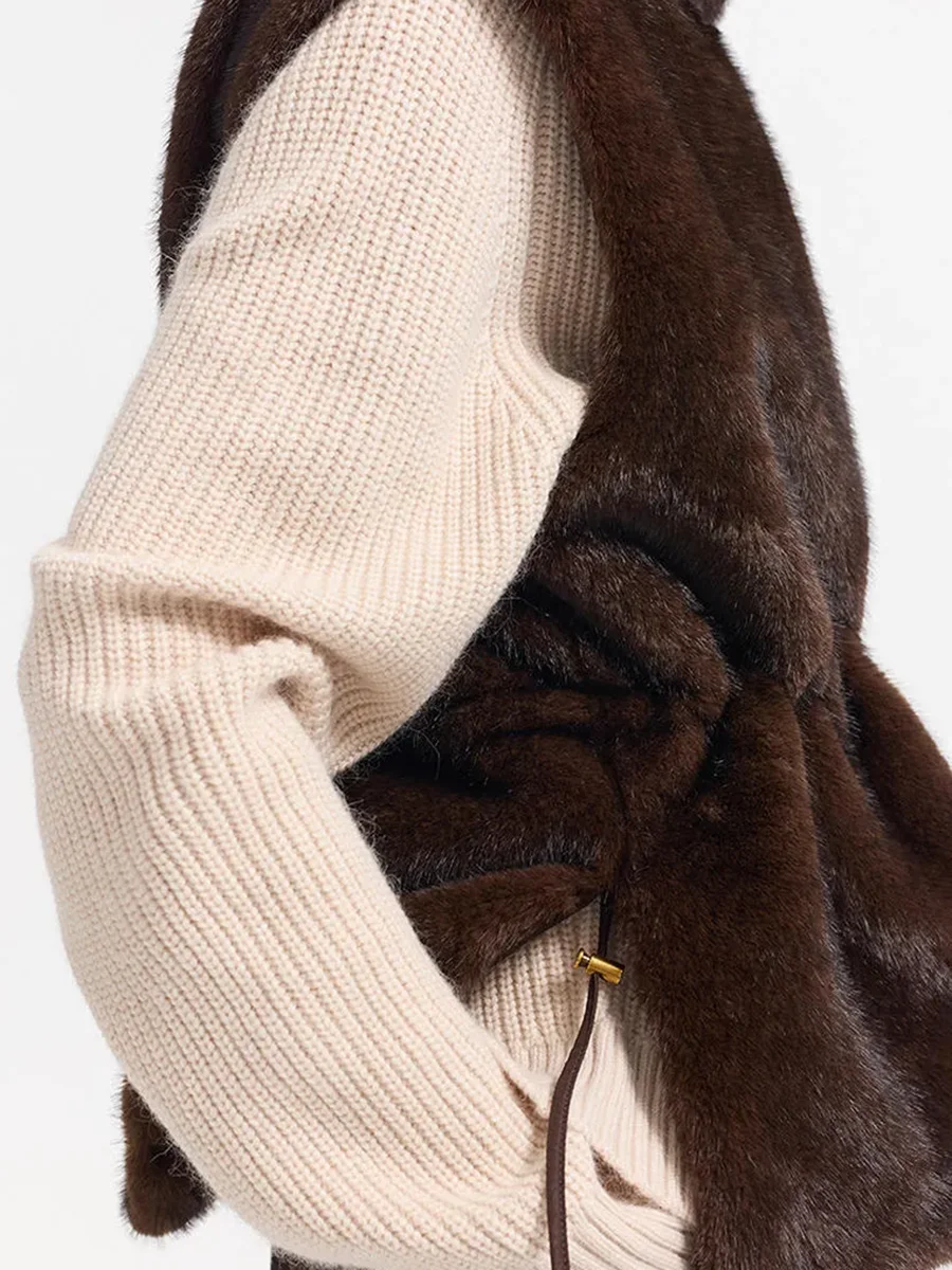 LIMO Women Brown Faux Mink Fur Vest High Neck Drawstring Waist Sleeveless Winter Gilet