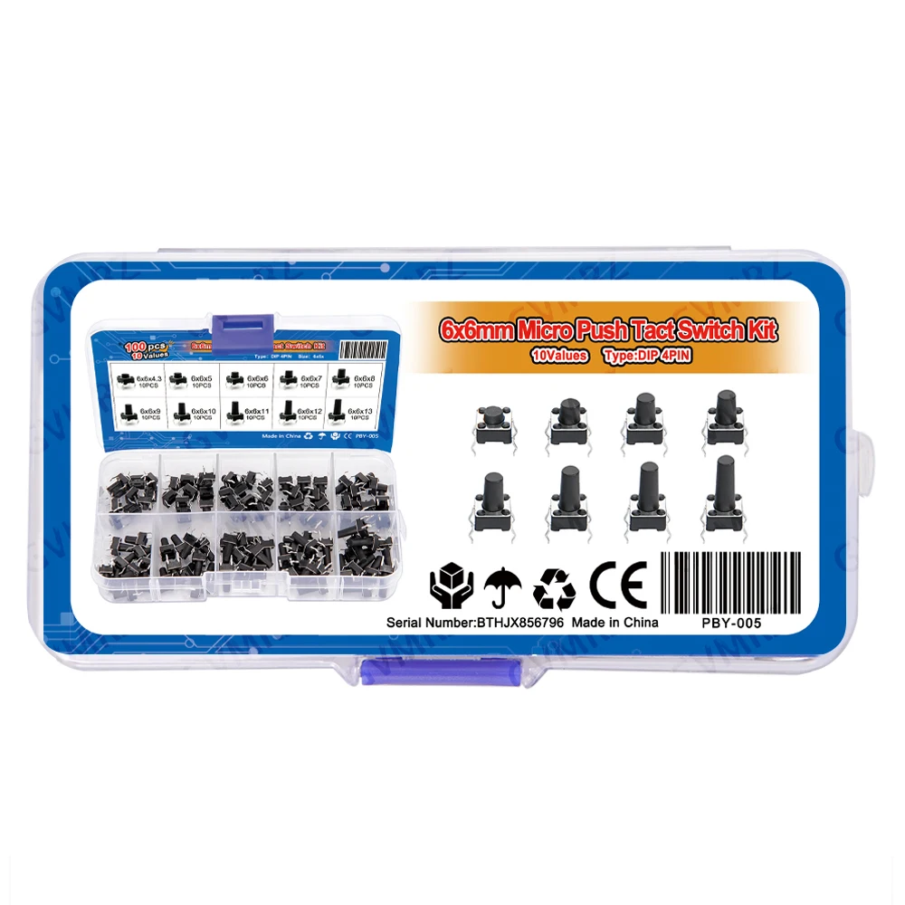 100PCS 10Values 6x6 DIP 4Pin Micro Push Tact Switch Kit for /Electronics DIY Projects 6x6x4.3/5/6/7/8/9/10/11/12/13 x10