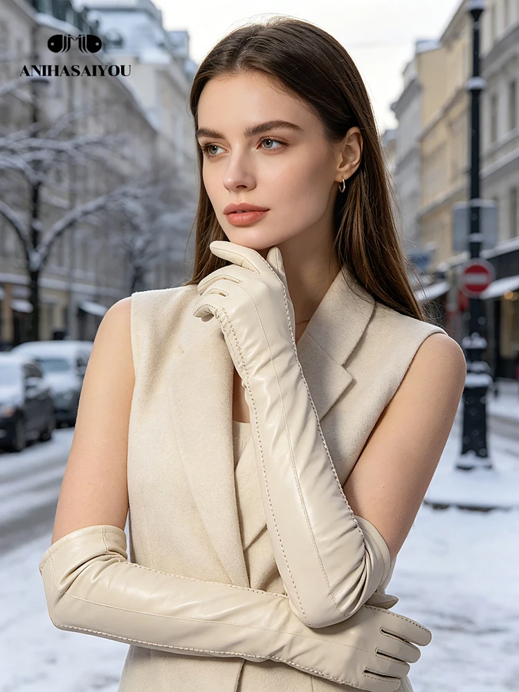 Guanti lunghi in pelle beige moda, guanti lunghi in pelle di alta qualità da donna, guanti lunghi da donna in vera pelle di pecora invernale -
