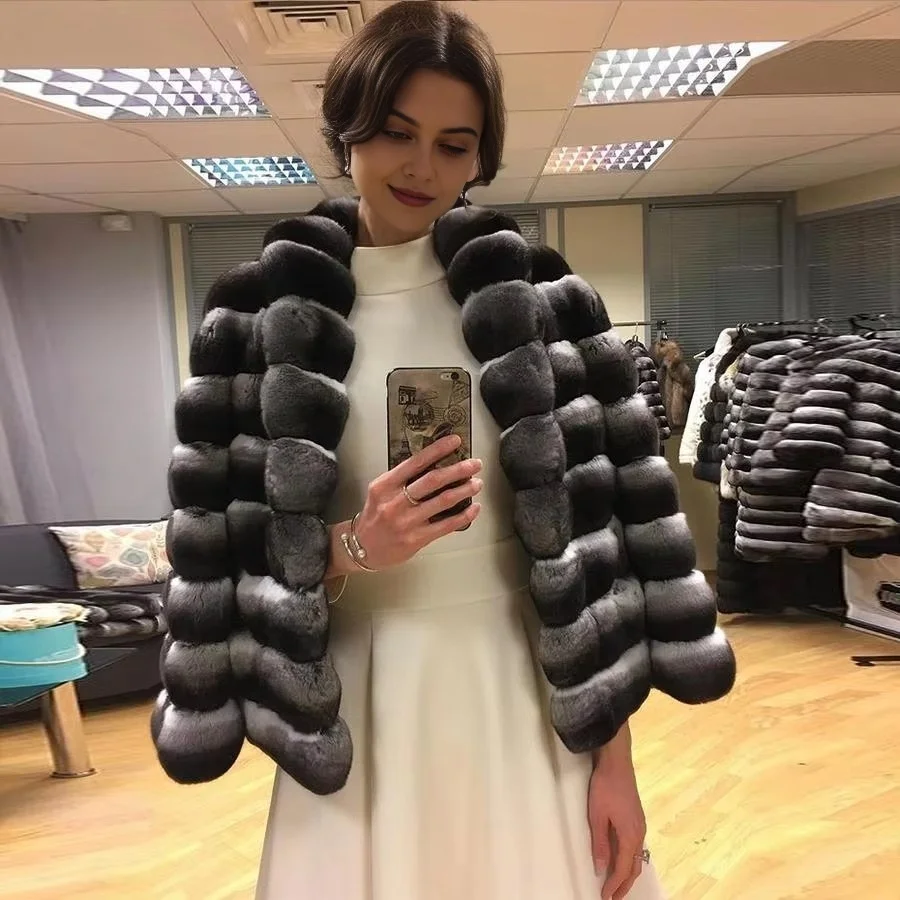 

Chinchilla Fur Coat Women Real Rex Rabbit Fur Jacket Winter Warm Fashion Overcoat