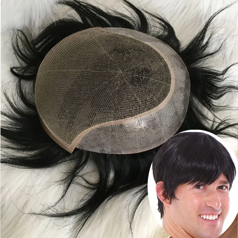 

New Hairpiece Q6 Toupee For Men Swiss Lace & PU Base Human Hair Replacement System Unit Toupee Wig For Men Wigs 8x10 Toupee 1B