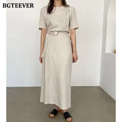 BGTEEVER Casual O-neck Lace-up Female Cotton Linen Dress Summer Short Sleeve Loose Women Dress Ladies Vestidos