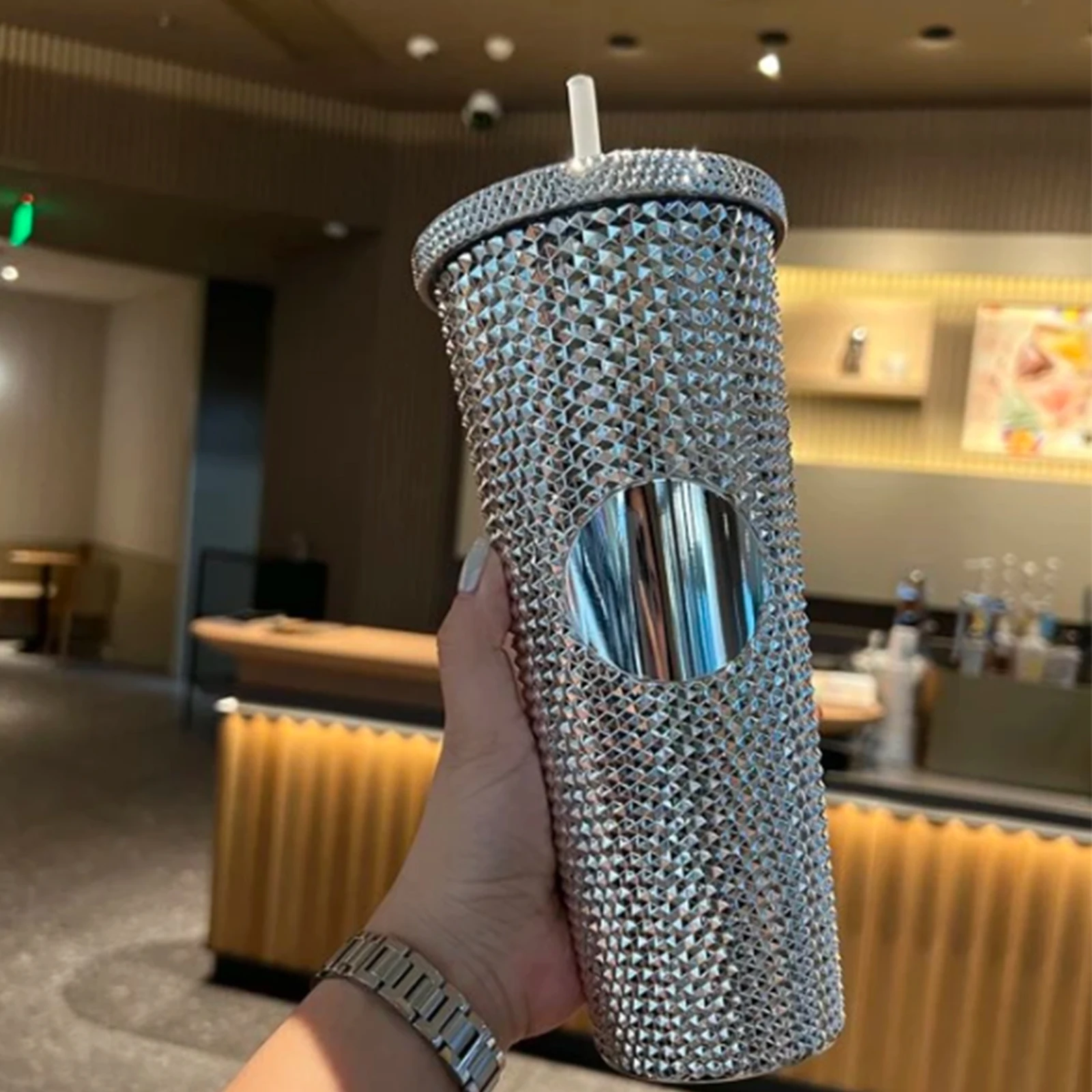 Double Wall 710ml Plastic Diamond Tumbler Bling Diamond Studded Straw Cold Tumble Durian Cup With No Logo Ab Color 24oz 2colors