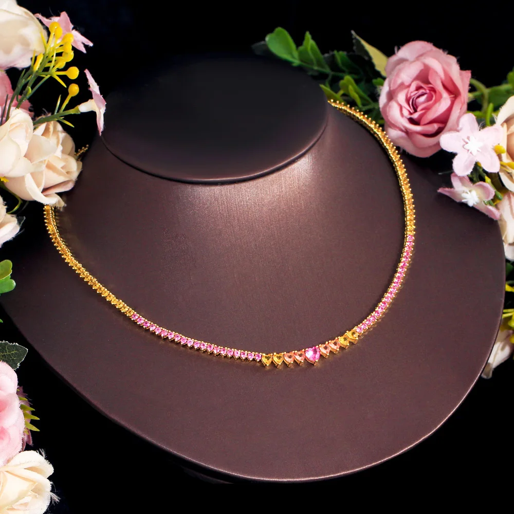 CWWZircons Gradient Pink Heart Shape Zircon Tennis Necklace Gold Color Dainty Choker Ladies Fashion Wedding Jewelry Gift DZ0081