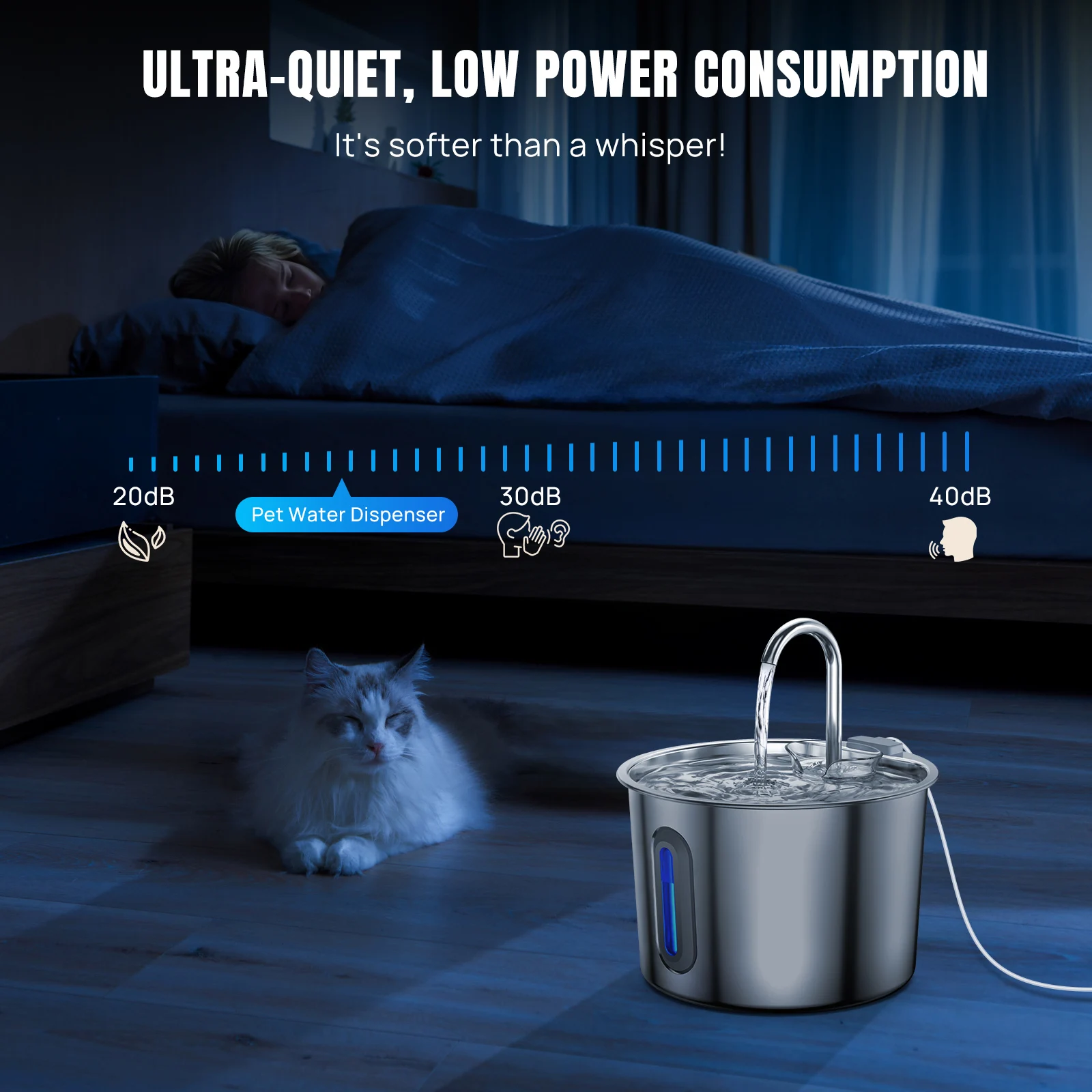 Cat Fountain Stainless Steel Drinking Fountain for Cat 2.2L Quiet Cat Center Drinking Fountain for Dogs with Water Level Window 3