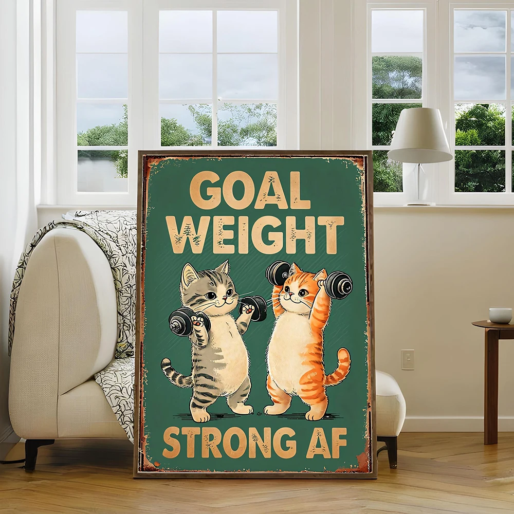 Vintage Gym Cats Goal Weight Posters Canvas Painting Workout Inspiration Fitness Humor Wall Art Pictures for Living Room Decor