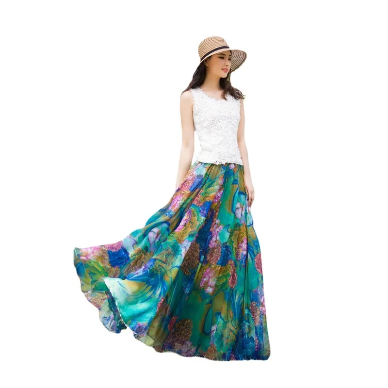 

Custom made Vintage Flower print chiffon long skirt Female Elegant Maxi Skirts pleated Skirt Beach skirt Plus size