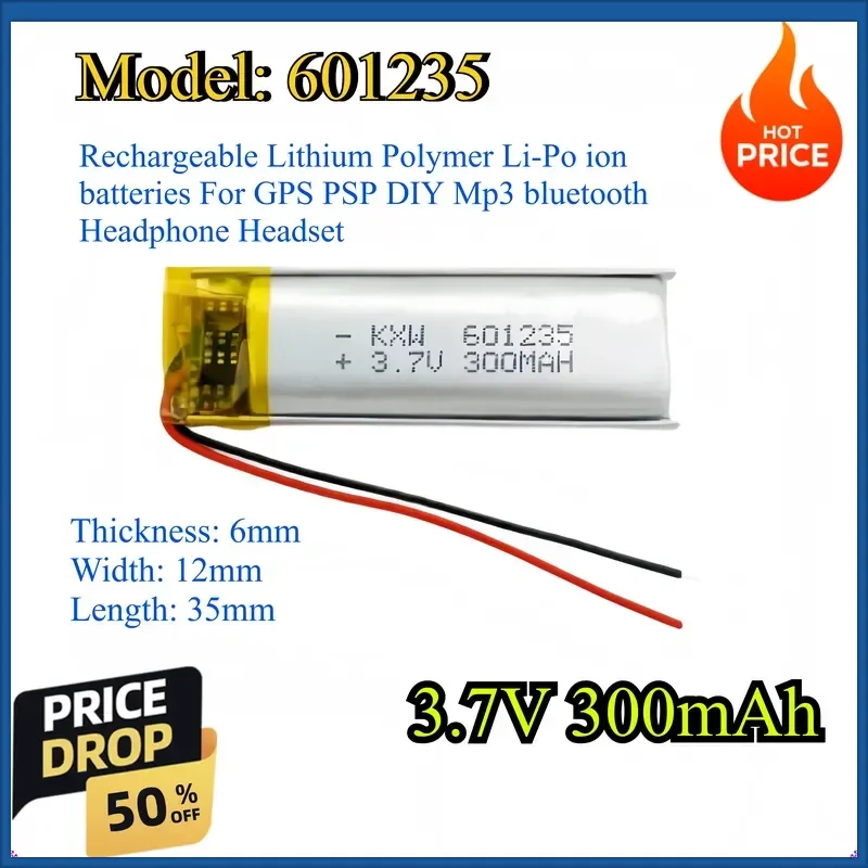 601235 3.7V 300mAh Rechargeable Lithium Polymer Li-Po ion batteries For GPS PSP DIY Mp3 bluetooth Headphone Headset