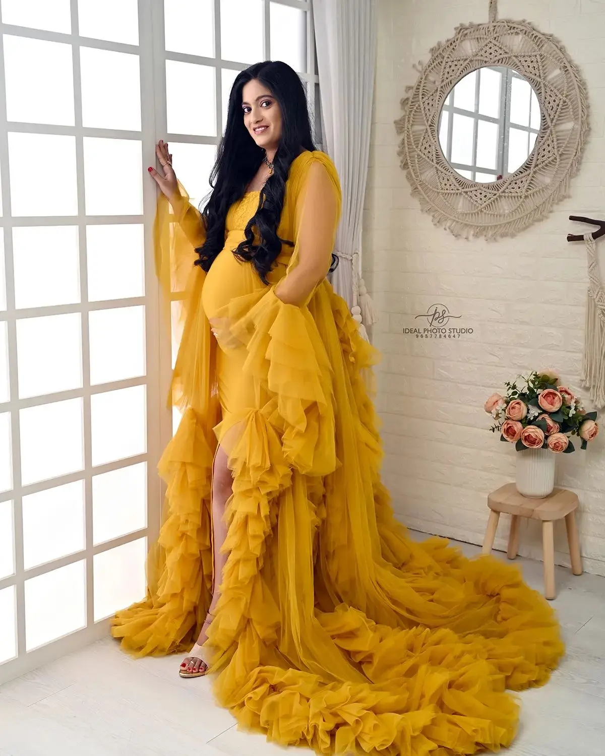 Yellow Women Pregnant Prom Dress Puffy Tiered Tulle Sleeveless V Neck Birthday Evening Party Gown Robes( no underwear clothes)