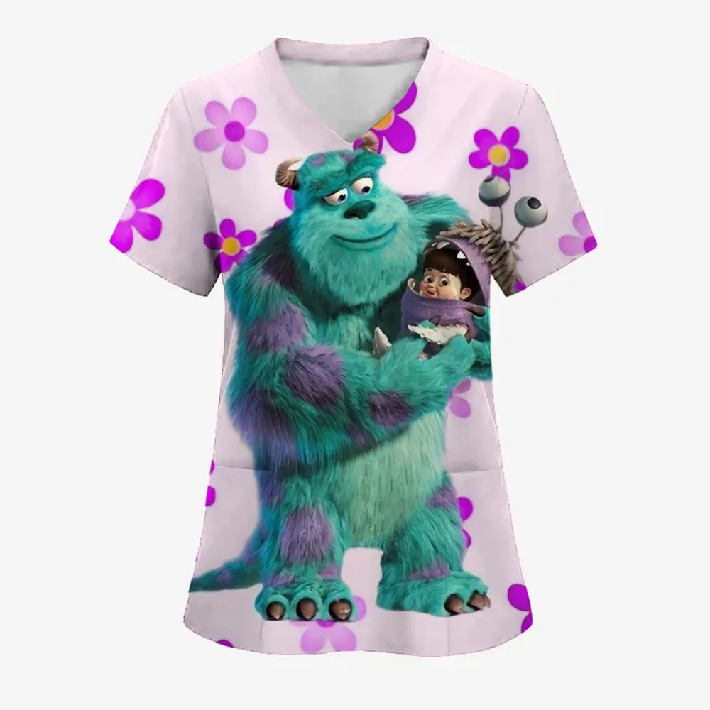 

Монстры, Inc. Скраб с принтом, одежда с героями мультфильмов, рубашка с короткими рукавами, футболка для кормления, медицинская форма, блузка для медсестры, хирургическая блузка с v-образным вырезом