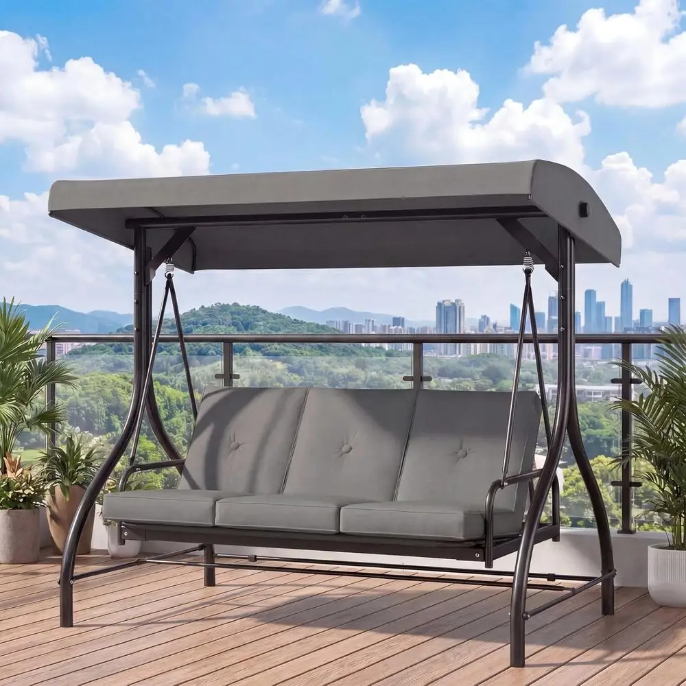 3-Seat Patio Swing Adjustable Backrest Outdoor Porch Swing Chair Adults Outside Porch Converting Bed Thickened Removable Cushion