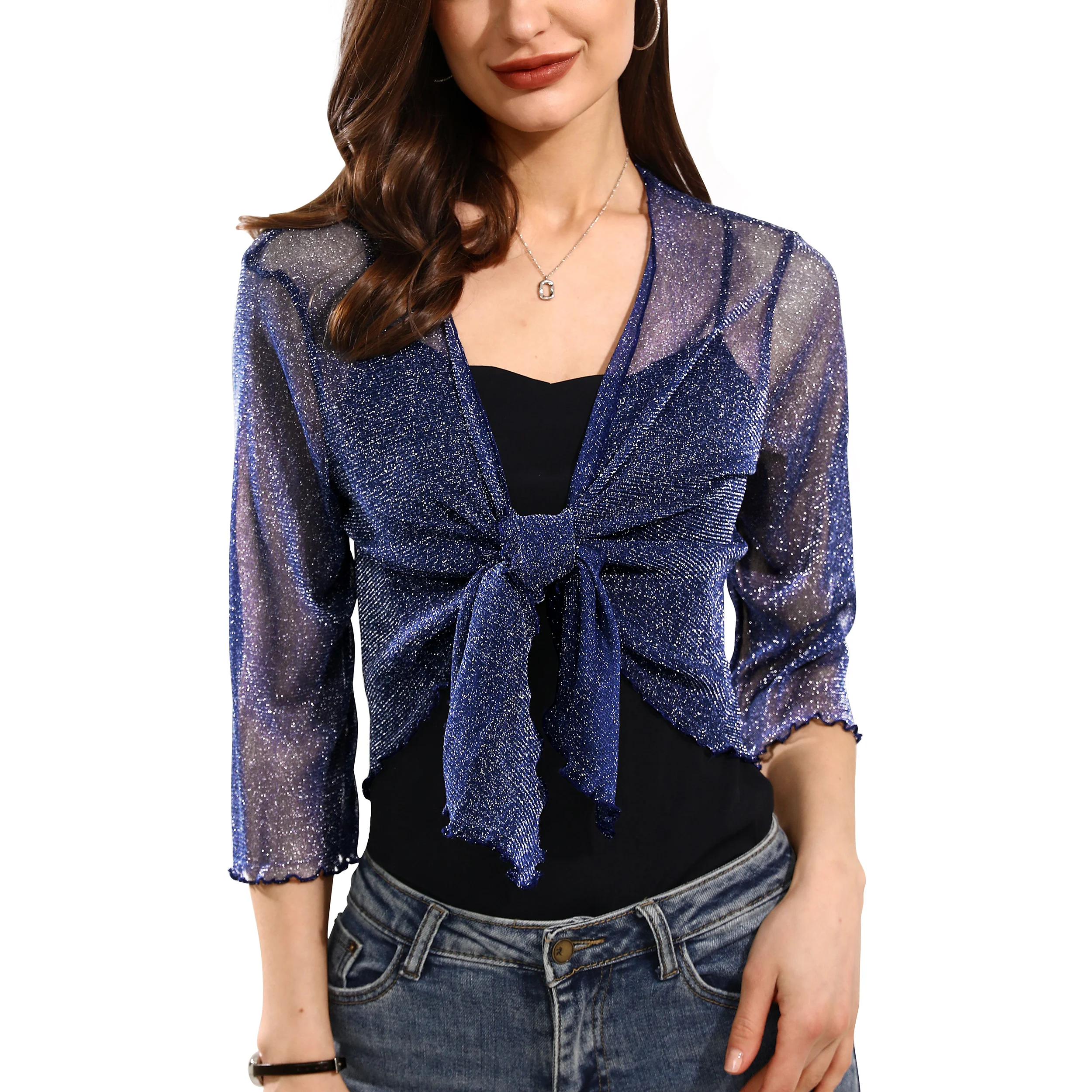 Womens Shiny Sheer Shrug Tie Top Open Front Cardigan Lightweight Knit Top Over Coat