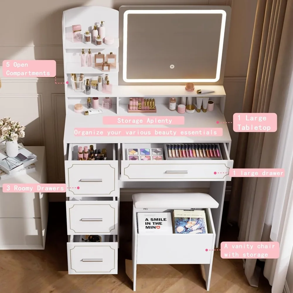 طاولة زينة بمرآة LED مع مخرج طاقة، 5 أرفف، 4 أدراج، مقعد مبطن، مثالية لمكياج وغرفة النوم والخلع الملابس