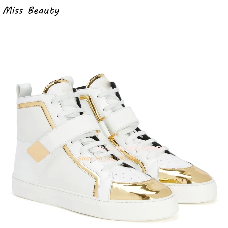 Mirror Leather Golden Metal Strap Plate White Leather Men and Women Casual Shoes Lace Up High Top Shoes Flats Chaussure Sneakers