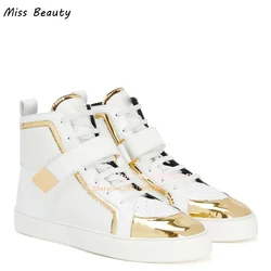 Mirror Leather Golden Metal Strap Plate White Leather Men and Women Casual Shoes Lace Up High Top Shoes Flats Chaussure Sneakers