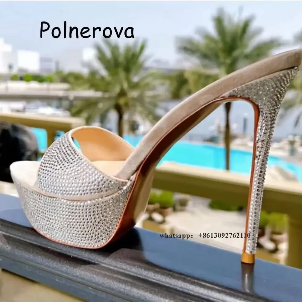 

Тапочки с открытым носком со стразами, женские туфли на тонком каблуке со сверкающими кристаллами, роскошные белые туфли, женский праздничный наряд, красивые стильные тапочки