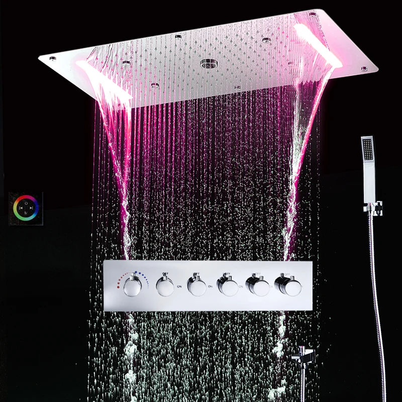 Column LED Shower Modern Rain Shower System Thermostatic Shower Mixer Large Waterfall Massage Douche Spa Panel Set