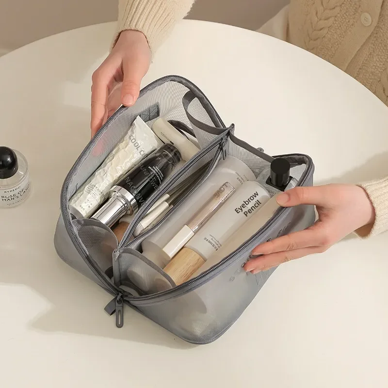 Large Capacity Cosmetic Bag Mesh Breathable Portable Storage Organizer Simple Style Durable Fabric Material Suitable for
