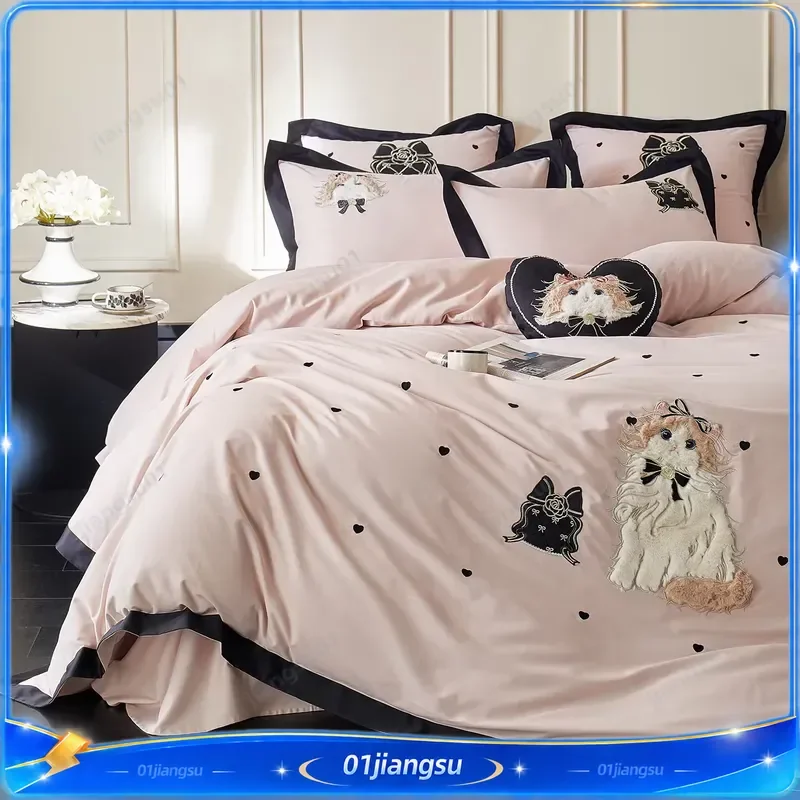 Pink Cute Cat Embroidery Black Wide Edge Luxury Bedding Set Egyptian Cotton Duvet Cover Flat Fitted Bed Sheet Pillowcases