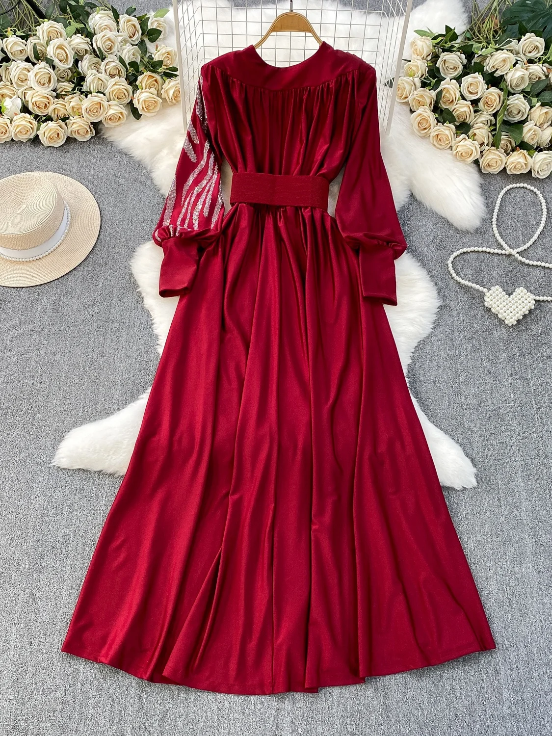 Ele V-ne Lantern Sve Long Dr Vestido de mujer de cintura alta con adornos de diamantes y adelgazamiento Dr Fall Faion