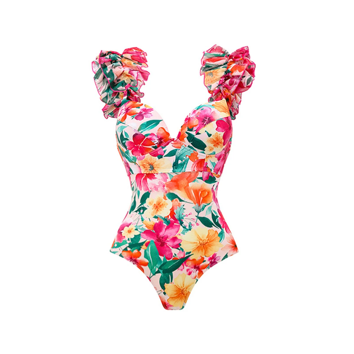 Floral Printed Shoulder Ruffle Swimwear With Cover Up Sexy Swim Suit Woman 2025 Biquini Luxury  Swimsuit Beach Outing Bodysuit